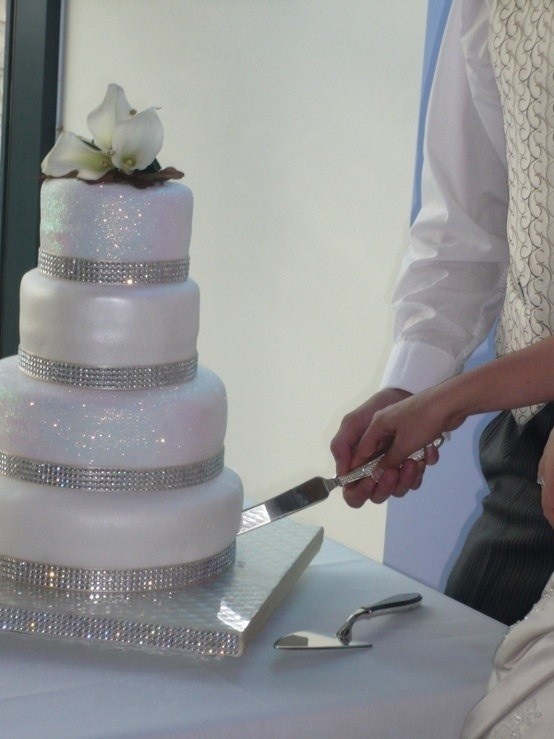 the bride and groom are cutting their wedding cake with a large knife on the table