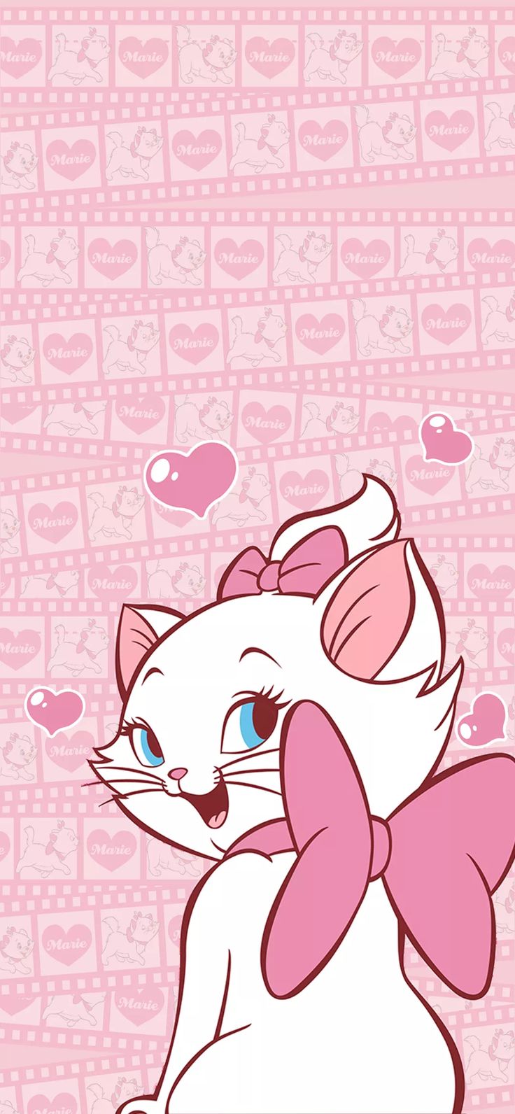 an image of a cat with pink bows on it's head and hearts in the background