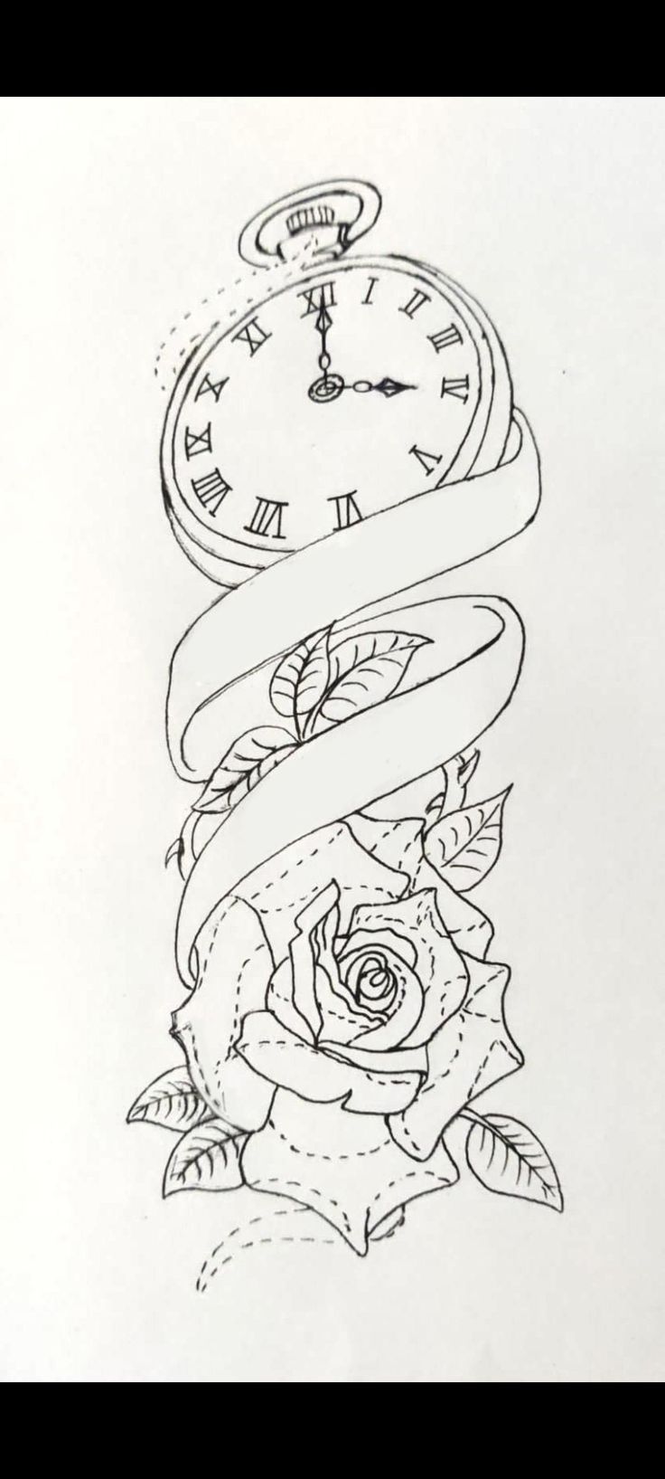 a drawing of a clock with a rose on it