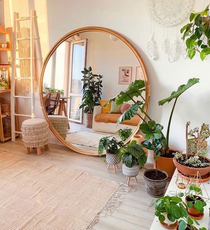 a living room filled with lots of potted plants next to a large round mirror