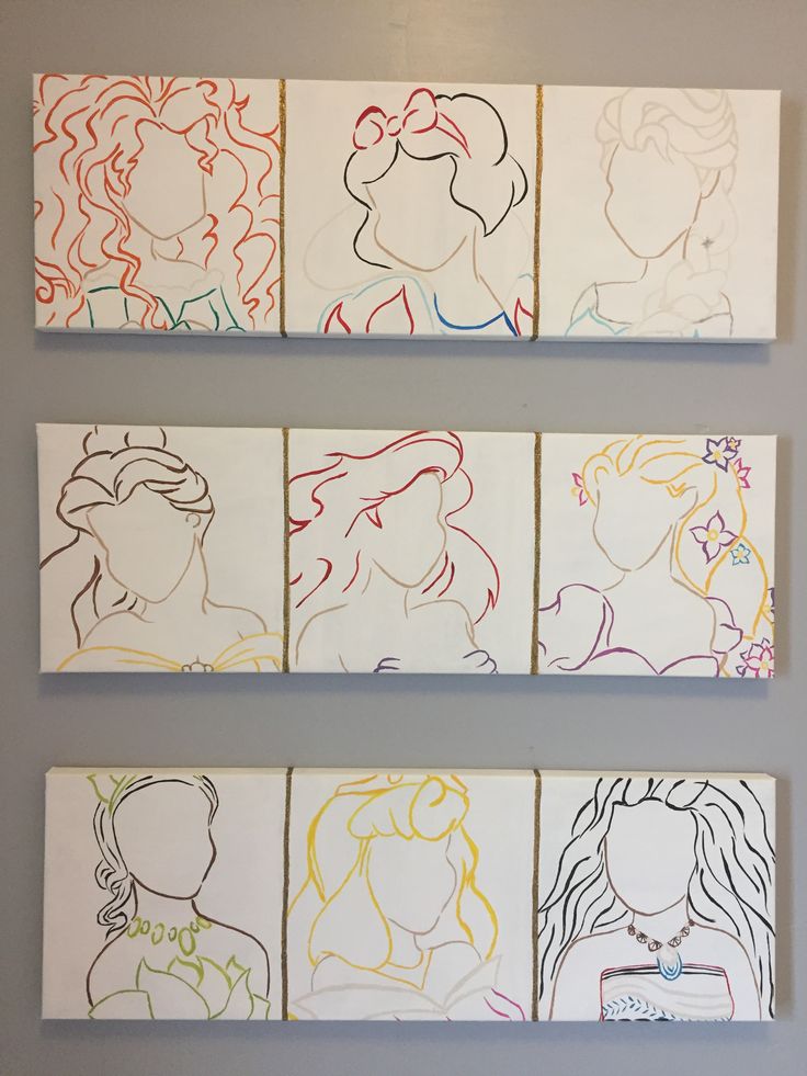 four different colored drawings on white paper with one woman's face in the middle