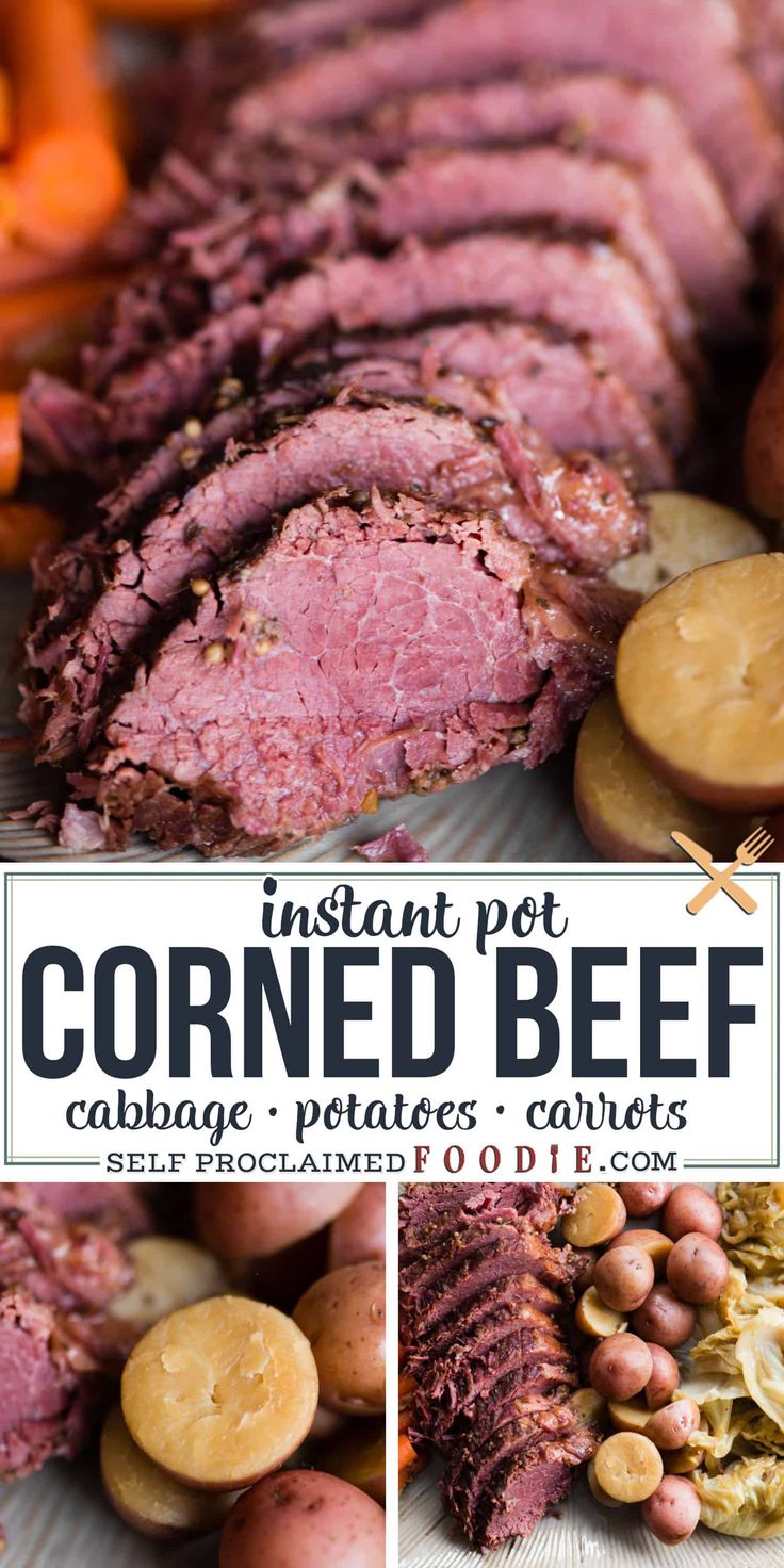 an image of corned beef with potatoes and carrots on the side for sale