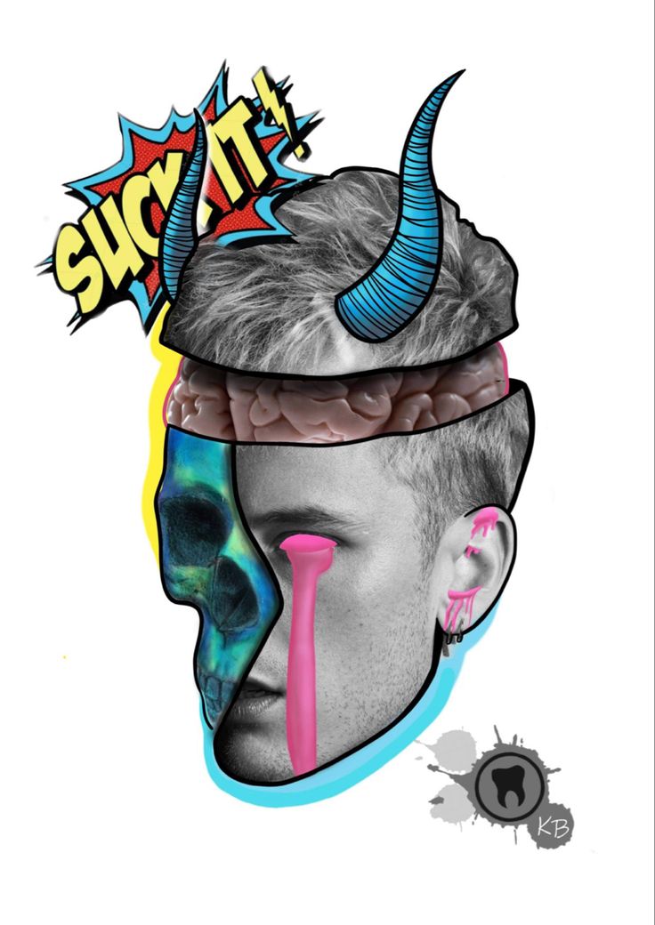 a drawing of a man's head with horns and a pink bubble coming out of it