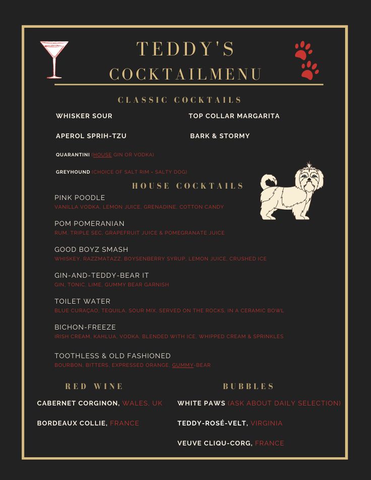 the menu for teddy's cocktail, which is available in red and black colors