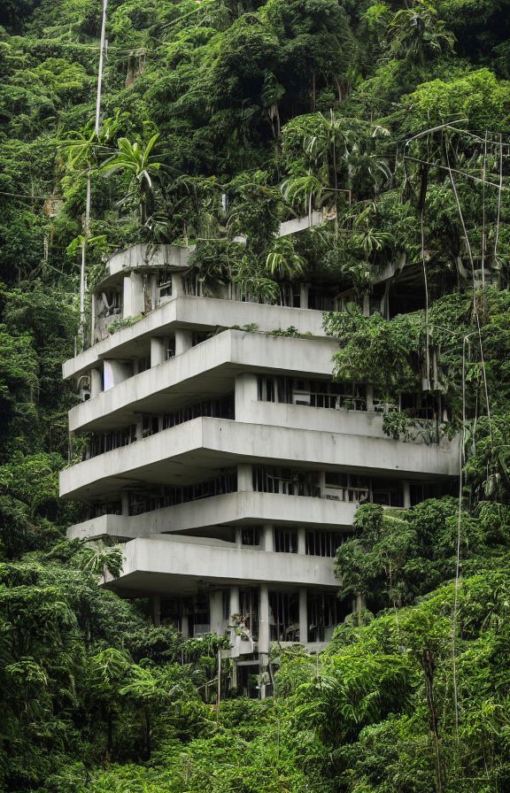 the building is surrounded by lush green trees and tall, slender buildings with balconies on each floor