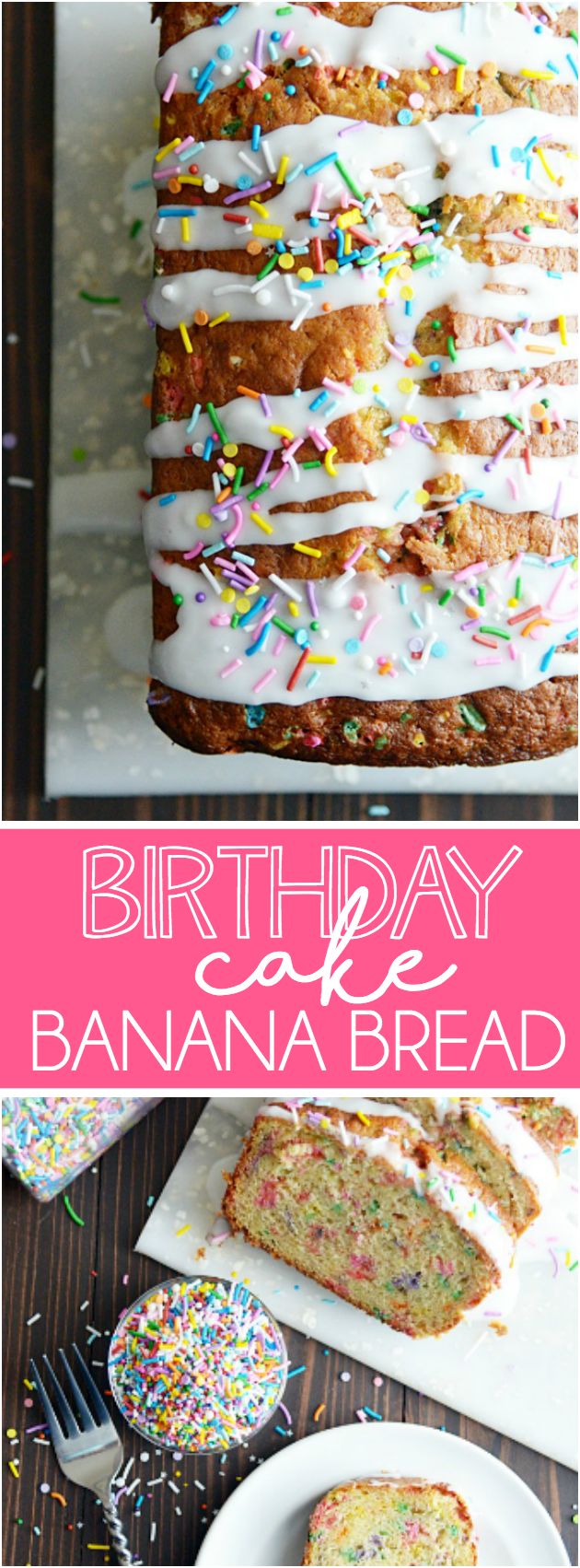 a banana bread with white frosting and sprinkles on top is shown