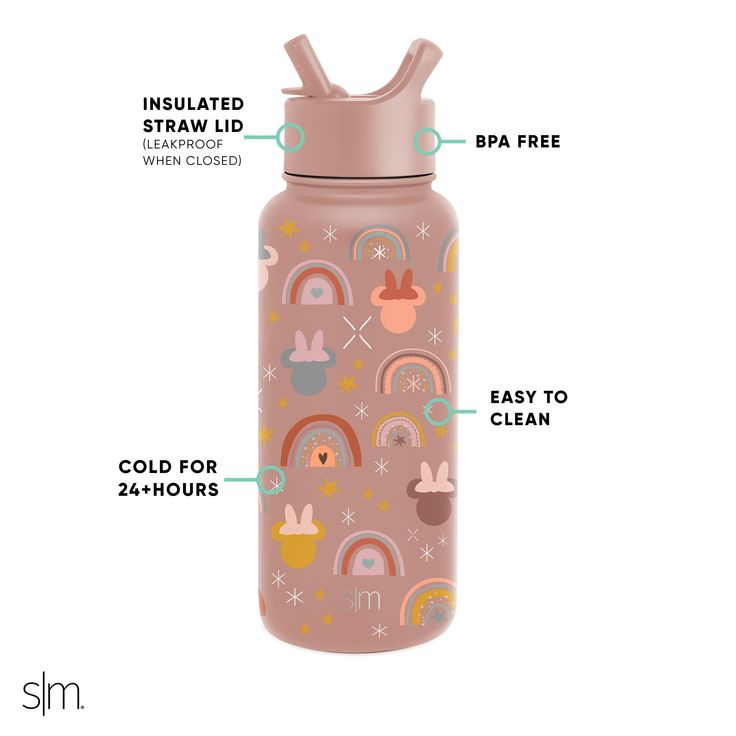 a pink water bottle with instructions on how to use the lid and side view, including an insulated straw lid