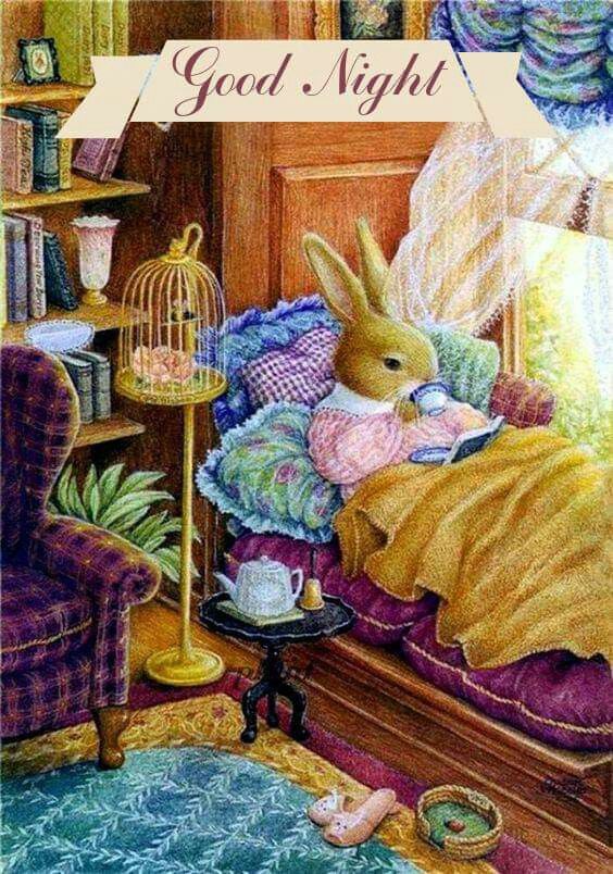 a drawing of a bed with a bunny in it and a birdcage on the floor