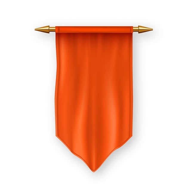 an orange flag hanging on the wall with two gold arrows pointing up to it's right