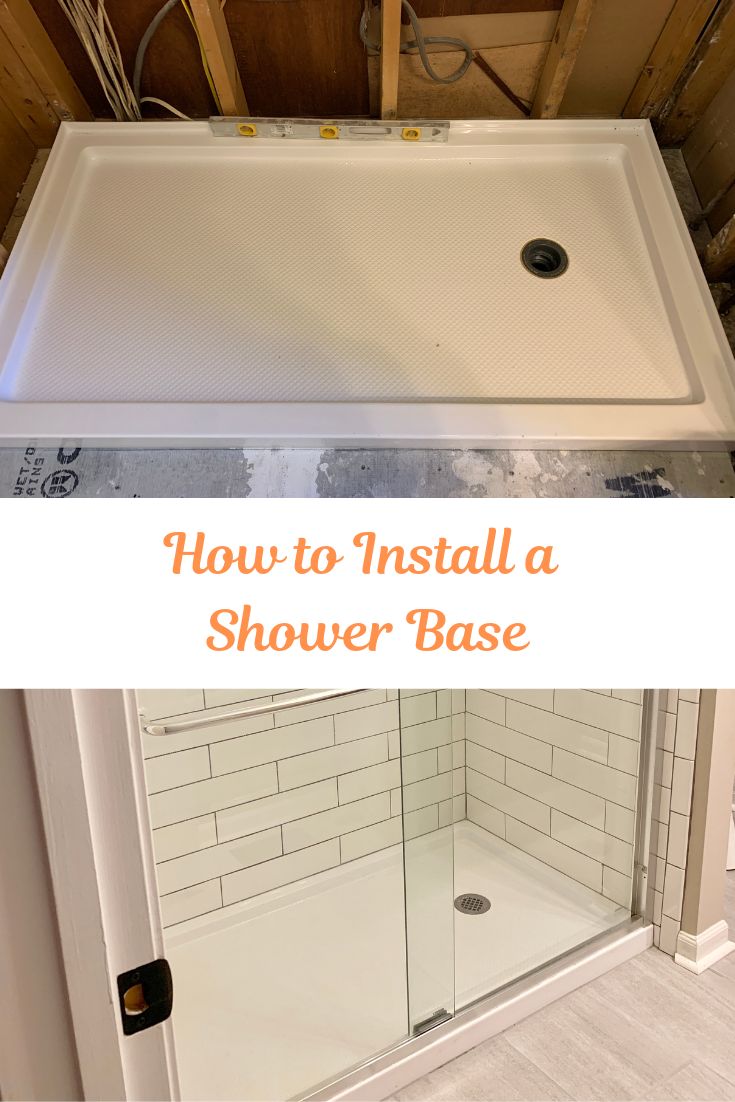 a shower with the words how to install a shower base above it and below it