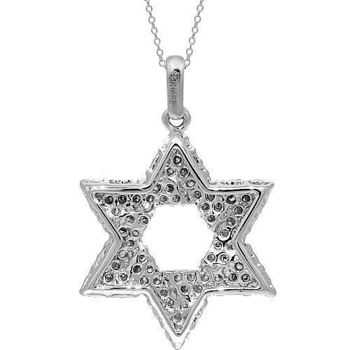 DESCRIPTION: This finely detailed womens diamond Judaica pendant gleams with numerous round cut diamonds which are carefully placed on the pave setting. The frame is crafted in highly polished 14k White Gold and measures to approximately 1 Inch in length. This is an ideal Star of David pendant for an every day wear. Note: This chain is for illustration purposes only and may be purchased separately. DETAILS: Item Code UGP321A Diamond Carat Weight 0.54 Ctw Diamond Clarity SI1, VS2 Diamond Color G, Luxury Diamond Necklace In Star Of David Shape, Diamond Necklace With Star Of David Accents, White Gold Diamond Necklace Star Of David Shape, White Gold Diamond Necklace With Star Of David, White Gold Diamond Necklace In Star Of David Shape, Silver Diamond Star Of David Necklace, Silver Diamond Necklace In Star Of David Shape, Black Diamond Chain, Square Diamond Earrings