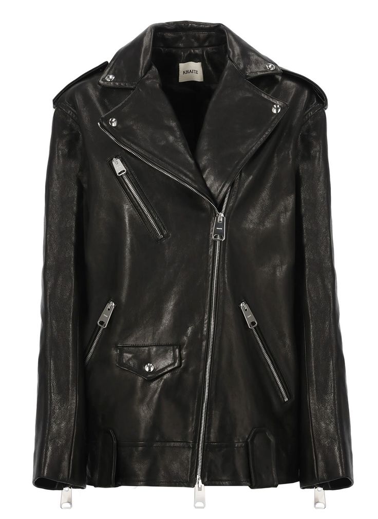 Black Khaite leather jacket foe woman - Peak lapel collar - Long sleeves with zip at hem - Three front slit pockets with zip - One front flap pocket with snap button - Front zip fastening Composition: 100% Lamb Leather Lining:, 100% Cupro | Khaite Women's Leather Jacket in Black | SS24 Percy Jackson Costume, Edgy Aesthetic, Peak Lapel, Black Leather Jacket, Leather Jackets Women, Yoga Wear, Luxury Retail, Lapel Collar, Flap Pocket