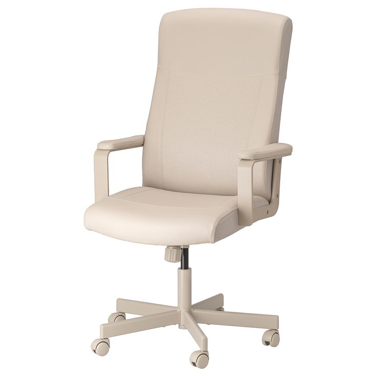 a white office chair with wheels on an isolated white background, viewed from the front