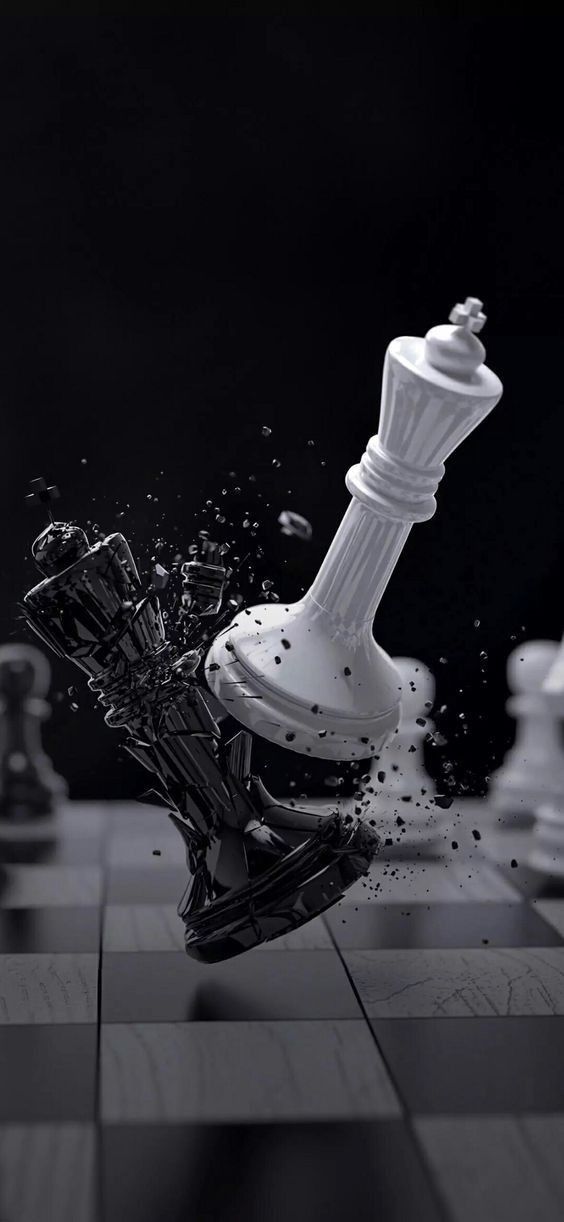 a black and white chess board with water splashing on it