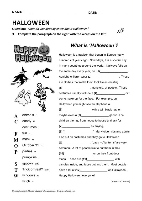 What is Halloween? Reading Gap-Fill Halloween English Worksheets, Halloween Reading Activities, Free Halloween Worksheets, Halloween Reading Activity, Hallowen Crafts, Halloween Questions, Halloween Worksheet, Esl Materials, Hello English