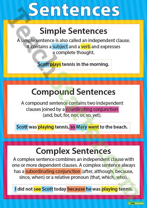 four different types of sentences with the same words in each one, and two separate ones