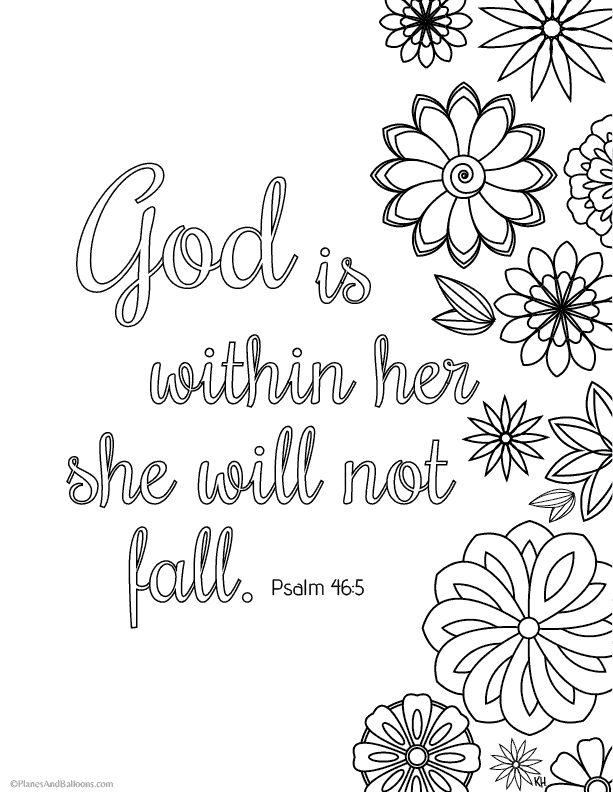 the bible verse with flowers in black and white, on a white background that reads god is within her she will not fall