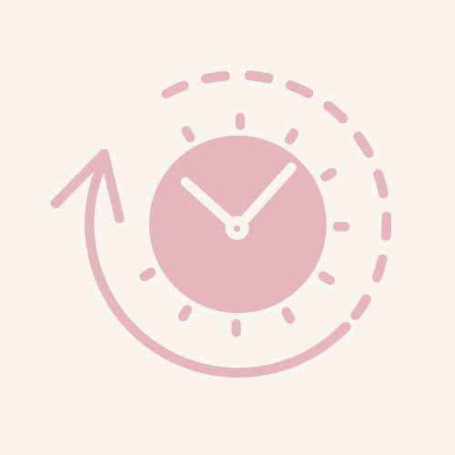 a pink clock with an arrow pointing to the right and left hand side on a white background