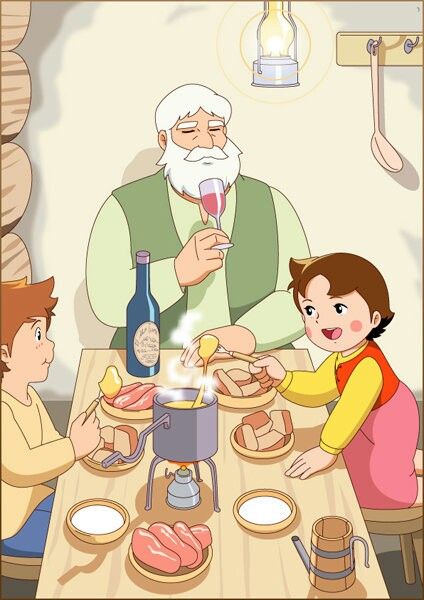 an old man and two young children sitting at a table with food