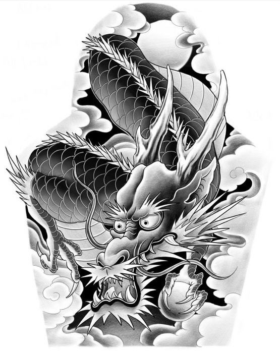 a black and white drawing of two dragon on the side of a body with clouds in the background