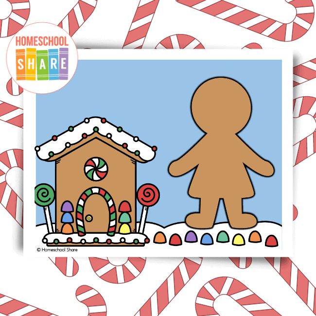 a gingerbread house with candy canes in the foreground and an image of a gingerbread man next to it