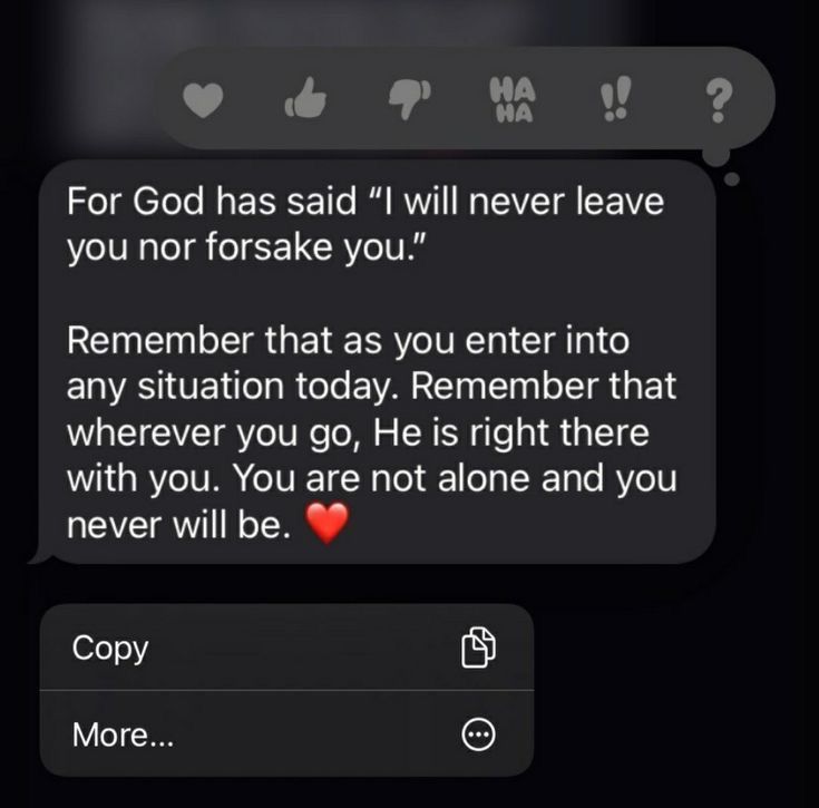 two texts that are being shared to someone on their cell phone, one says god has said i will never leave you