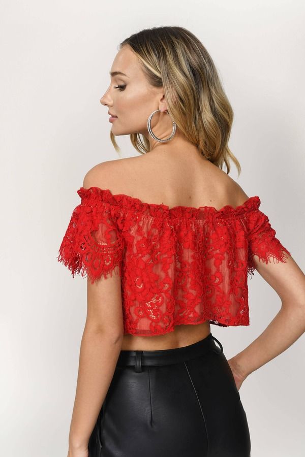 Crops Tops For Every Season? You Bet. The Riley Lace Off Shoulder Red Crop Top Will Add A Cute Feminine Touch To Your Looks. This Summer Crop Top Features An Off The Shoulder Cut With Delicate Sleeves And Gorgeous Lace With Ruching At The Neckline. This Lace Bardot Top Makes A Great Finishing Touch To Any Basic Bottom. Crop Top Over Shirt, Red Lace Crop Top, Red Top Outfit, Designer Crop Top, Christmas Fashion Outfits, Crop Top Blanco, Dance Crop Tops, Bardot Crop Top, Stylish Crop Top