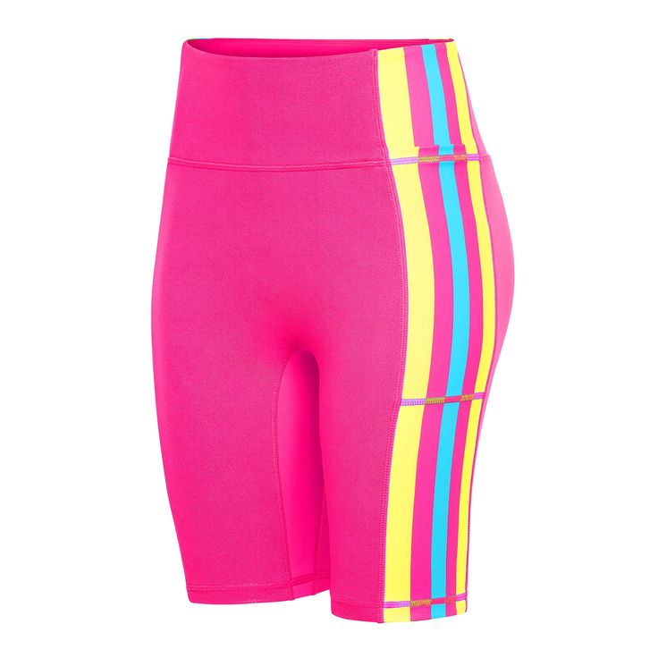 You are a Barbara Girl, living in your own world! Our high-performance, sweat-absorbing fabric shines in bright pink with a sparkly finish and colorful stripes down the sides to represent those iconic leg warmers. Pair with our matching Barbara Girl sports bra for a workout, race day costume, casual cosplay, or parkbound outfit! Attention to Detail: Designed for: Running, Gym, Recreation, Athleisure Custom made, full color fabric - NOT sublimated onto a white base Compressive and squat proof Hig Girl Biker, Long Sports Bra, Girls Sports Bras, Free Front, Running Costumes, Short Sleeve Jacket, Casual Cosplay, Crop Top Bra, Pink Sports Bra