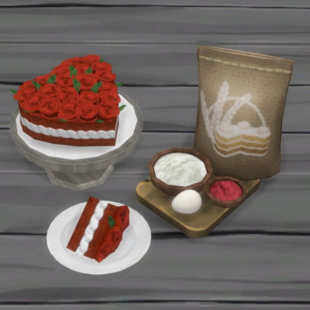 two cakes on white plates with red roses and eggs in the middle one has a brown paper bag