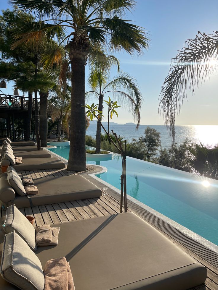 an outdoor pool with lounge chairs and palm trees