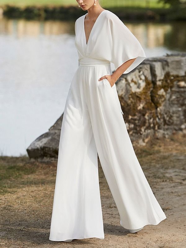 Jumpsuit Wedding Dress, Womens Summer Jumpsuits, Jumpsuit Casual, Wedding Dress With Pockets, Solid Color Jumpsuits, Wide Leg Romper, Overall Jumpsuit, Wedding Jumpsuit, Backless Jumpsuit