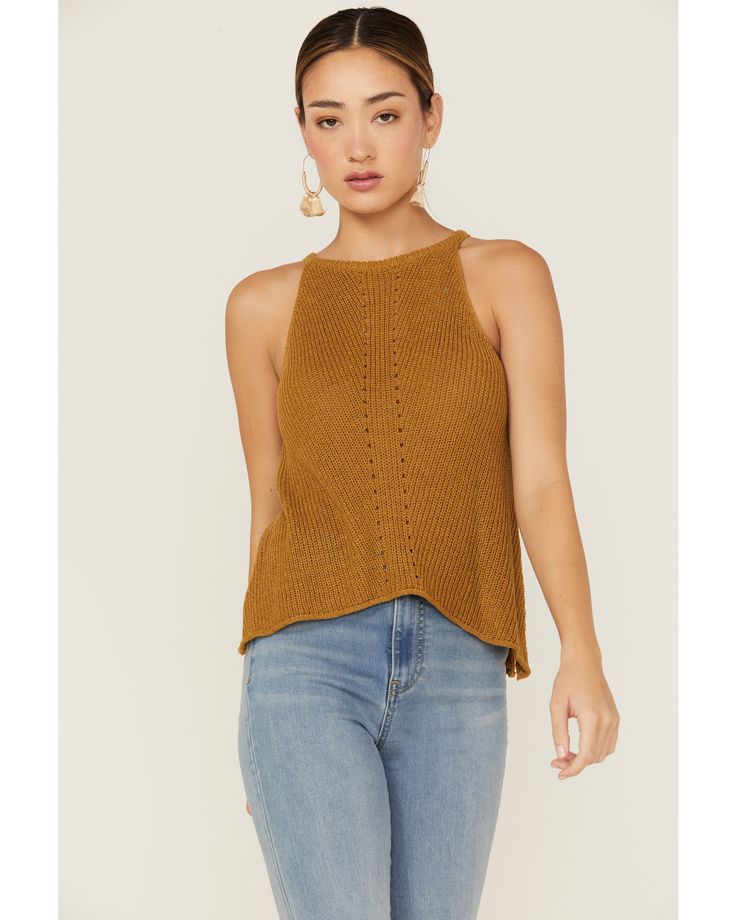 Panhandle Women's Halter Sweater Knit Mustard Tank, Mustard Halter Sweater, Country Bar, Women Halter, Rolled Hem, Knit Tank, Sweater Knit, Knit Tanks, Halter Neck, Rodeo