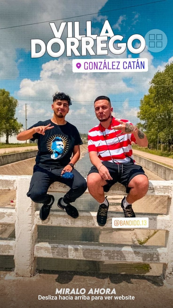 two men sitting on top of a bench in front of a blue and white sky