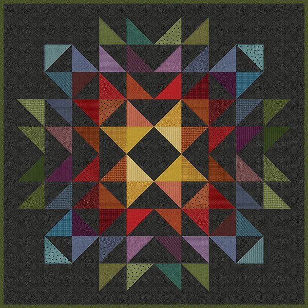 a quilted square with many different colored triangles on it's sides and one in the center