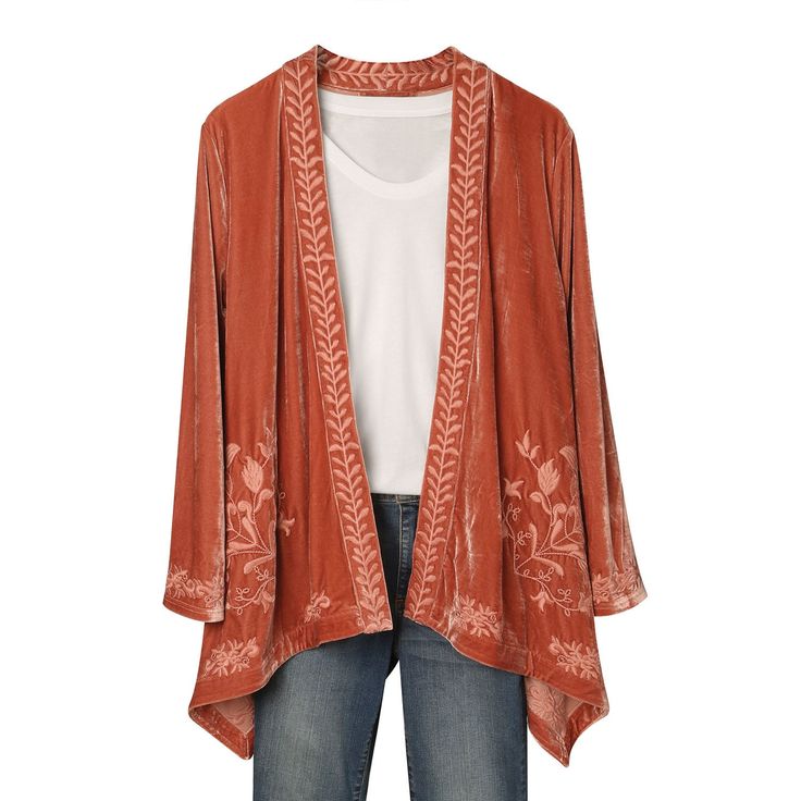 Go from casual chic to a formal affair with this easy-wear velvet long sleeve cardigan jacket.Gorgeous piece is accented with detailed floral embroidery, and features a cascading open front, trendy sharkbite hem, and drapey fit that flatters your figure. Soft velvet kimono coat helps to keep the chill out on cool days, perfect for outdoor strolls through fall or early spring weather. Wear it casually over a light t-shirt or cami with skinny jeans. Pull it on over a blouse and dress pants to cove Velvet Cardigan, Open Front Kimono, Velvet Sweater, Embroidered Kimono, Velvet Kimono, Kimono Coat, Embroidered Velvet, Beautiful Kimonos, Boho Kimono