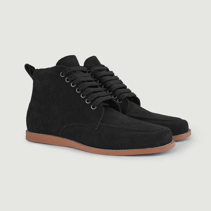 Suede Cowhide Leather Upper (Durable Water Repellent Finish) Naturally Milled, Soft Cowhide Leather Lined EVA Insole Bed Outsole: Crepe Rubber Platform Sole for comfort and traction Rust Proof Eyelets Cotton Laces Padded Collar for Added Support Premium Handcrafted Construction Color: Black Finish: Suede Black Moc Toe Chukka Boots For Fall, Black Casual Moc Toe Chukka Boots, Casual Black Moc Toe Chukka Boots, Winter Suede Waterproof Moc Toe Boots, Suede Moc Toe Waterproof Boots For Winter, Classic Suede Moc Toe Work Boots, Winter Suede Work Boots With Vibram Sole, Black Moc Toe Chukka Boots With Leather Footbed, Suede Work Boots With Vibram Sole For Winter