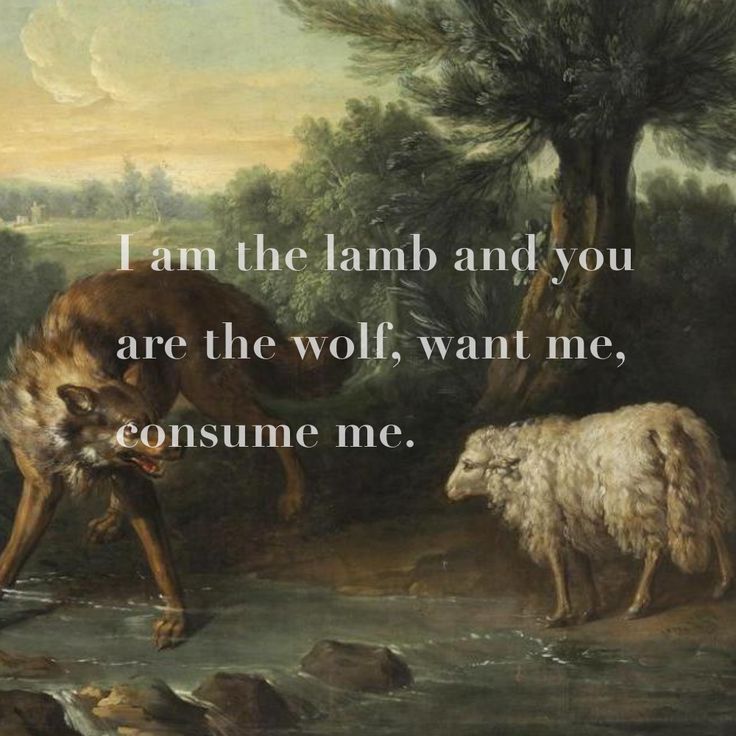 a painting with an image of two wolfs in the background and a quote that reads, i am the lamb and you are the wolf, want me, consumeme