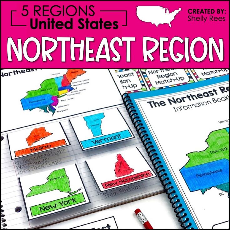 a notebook with the text 5 regions united states, north east region and new york on it