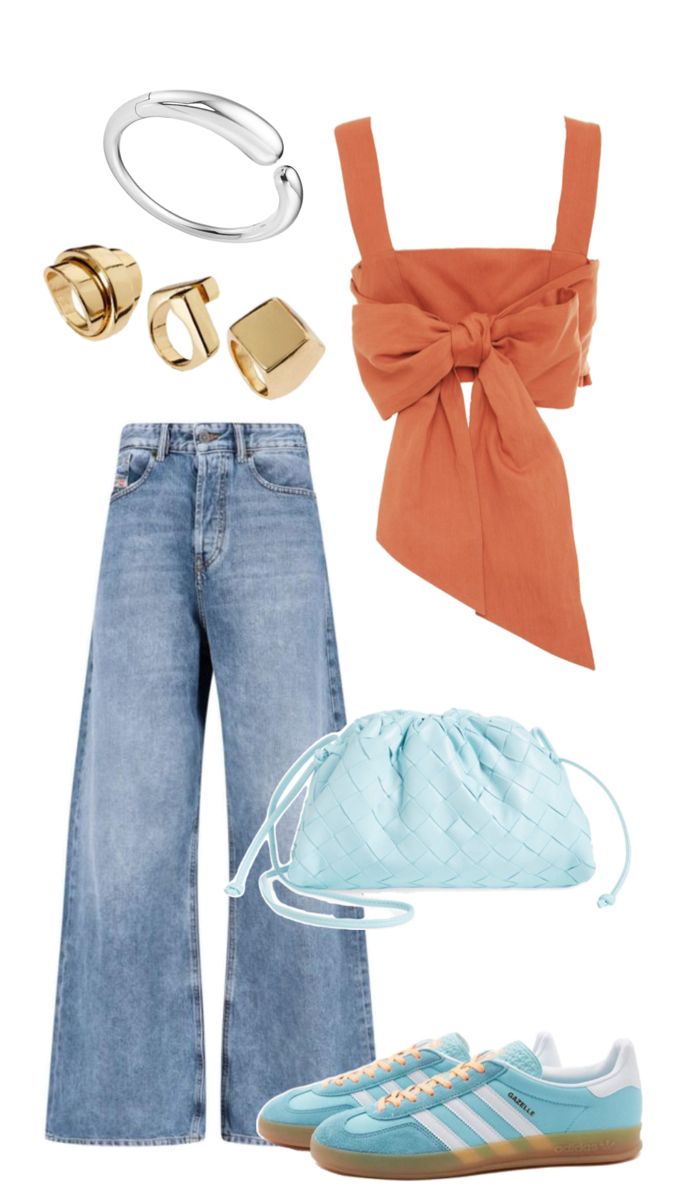 an orange top, blue jeans and gold accessories are featured in this fashion lookbook