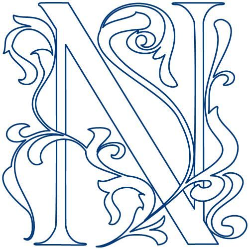 the letter n is made up of swirly lines and scrolls, with an ornate design on