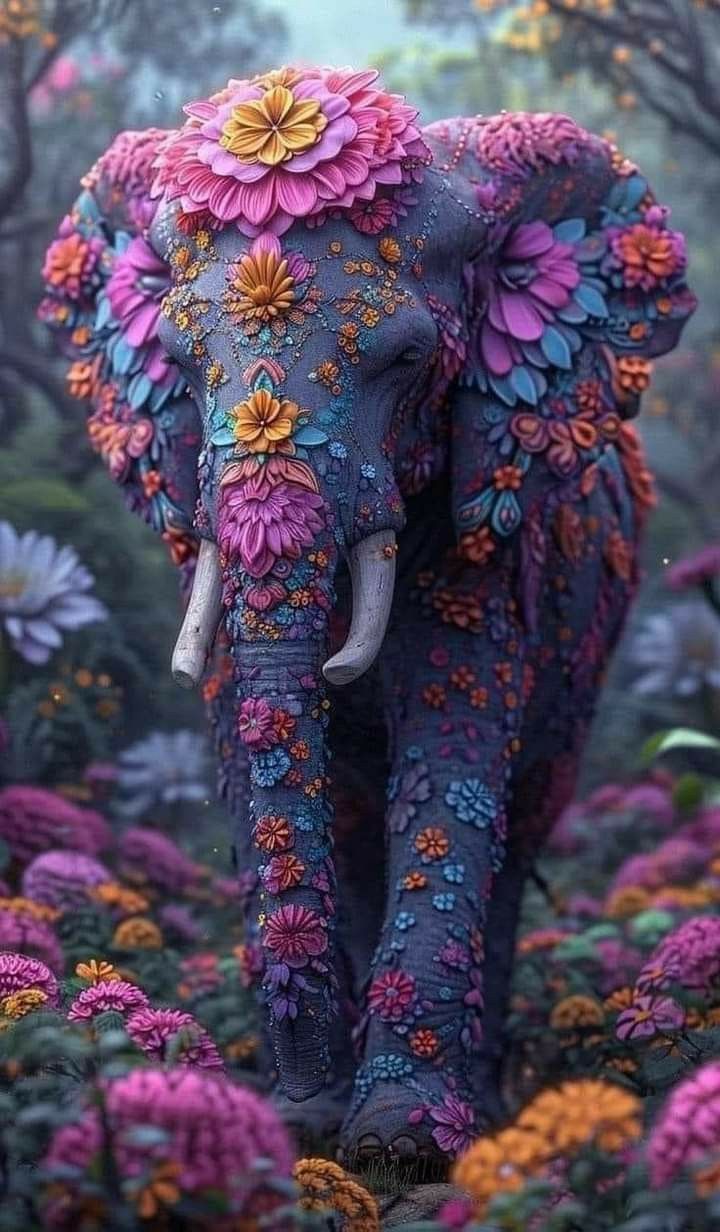 an elephant with flowers painted on it's back