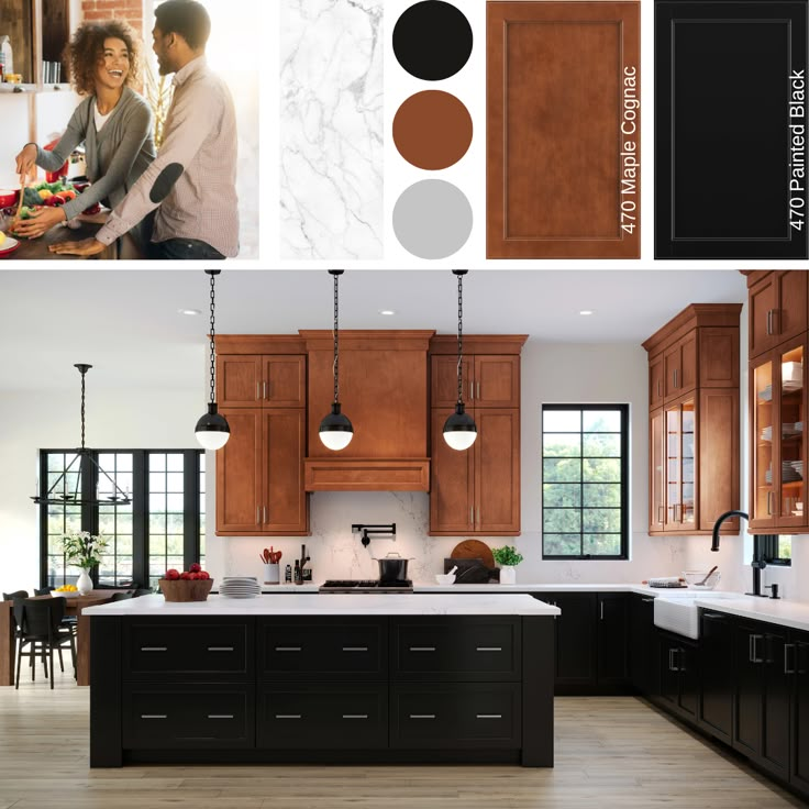 a kitchen with brown cabinets and white counter tops, along with an image of two people in the kitchen