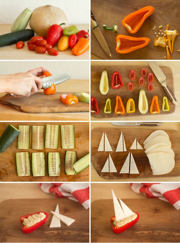 several pictures of vegetables and boats on a table