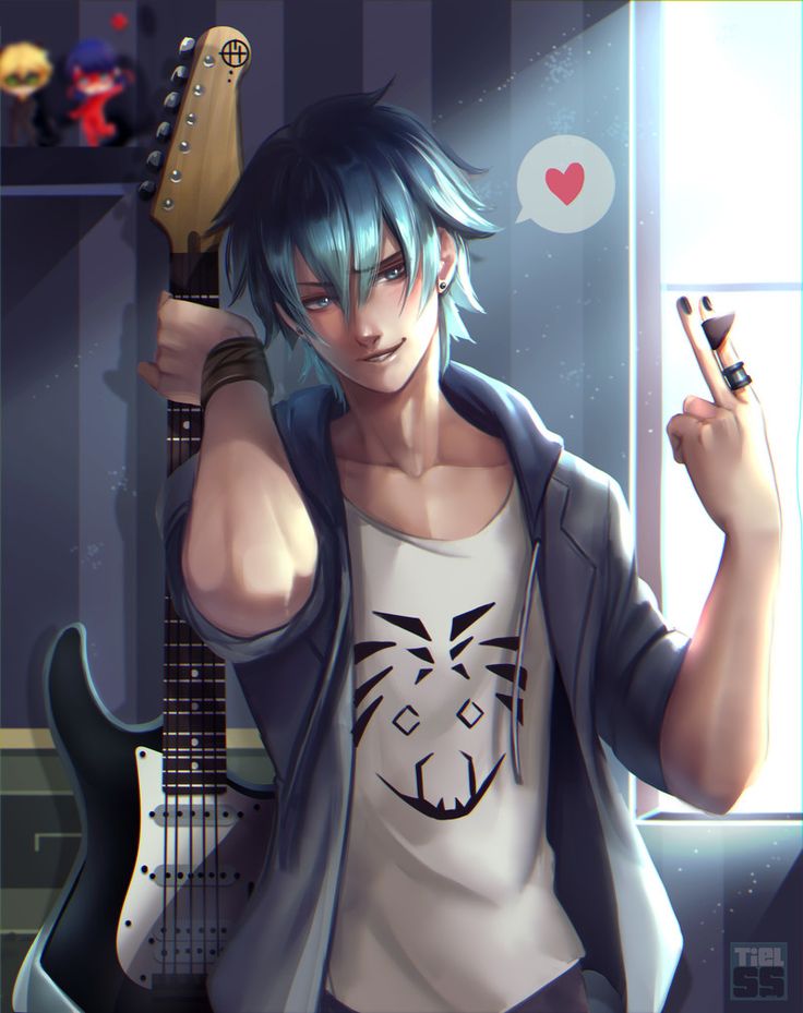 an anime character with blue hair holding a guitar and pointing to the side while standing in front of a window