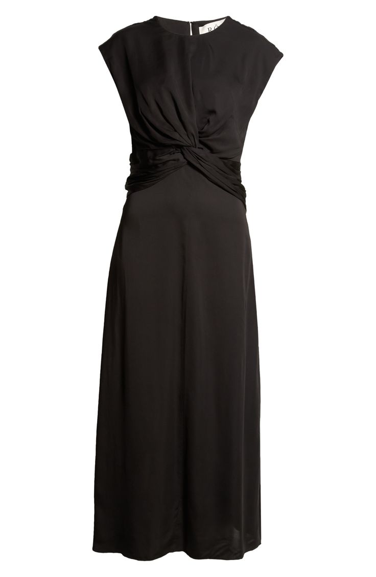 An elegant twist accents the front of this beautifully draped dress that's a stylish classic for your formal wardrobe. Back keyhole with hook-and-eye closure Jewel neck Cap sleeves Lined 100% viscose Dry clean Imported Elegant Midi Dress For Black-tie Events, Elegant Sleeveless Midi Dress For Black-tie Events, Elegant Black Midi Dress With Surplice Neckline, Chic Formal Dress With Knot Detail, Chic Ruched Dress For Black-tie Events, Elegant Sleeveless Dress With Knot Detail, Formal Pre-draped V-neck Midi Dress, Elegant Sleeveless Twist Front Dress, Elegant Formal Draped Midi Dress