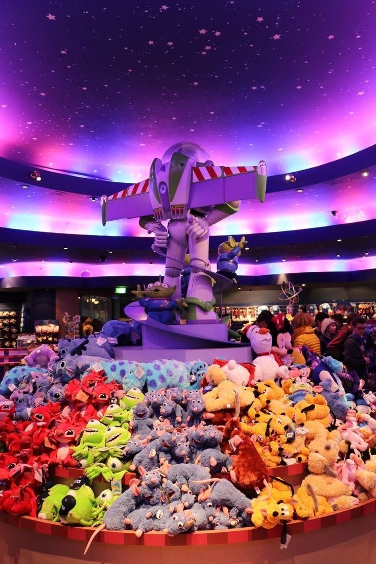 a large amount of stuffed animals are on display