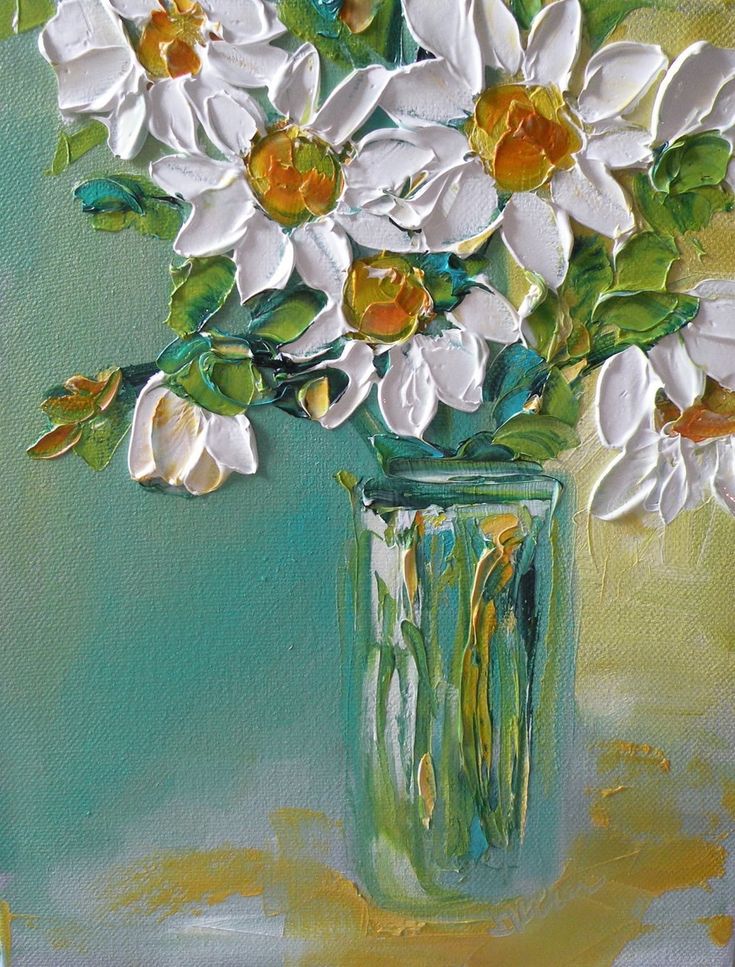 an oil painting of white flowers in a green vase on a blue and yellow background