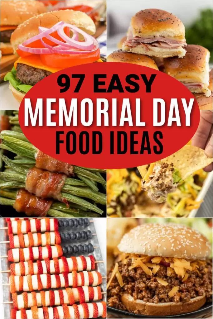 the words, 9 easy memorial day food ideas are shown in red and white letters