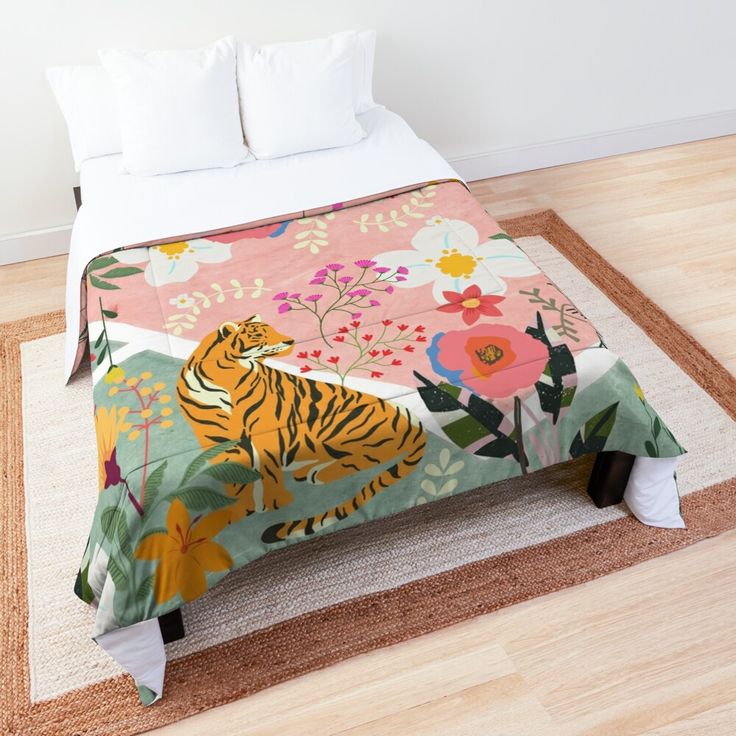 a bed with a tiger and flowers on it