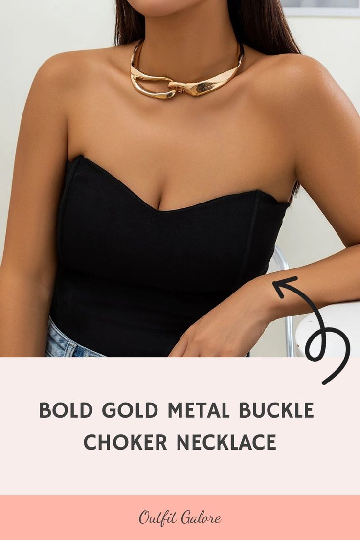 Bold Gold Metal Buckle Choker Necklace Gold Choker Jewelry For Night Out, Gold Choker Necklace For Night Out, Chic Choker For Night Out, Metal Choker For Night Out, Edgy Adjustable Choker For Party, Trendy Choker For Night Out, Adjustable Edgy Party Choker, Trendy Choker Necklace For Night Out, Metal Beaded Choker For Party